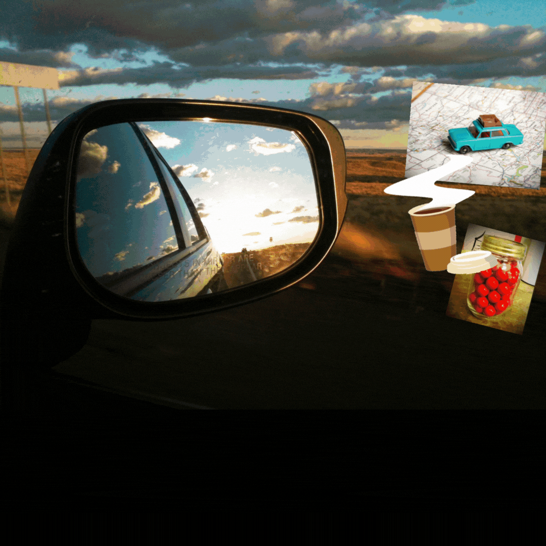 Image of car rearview, sunset, audiobooks, candy, coffee, and maps
